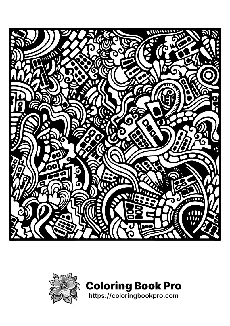 A black and white doodle drawing of a city. icon