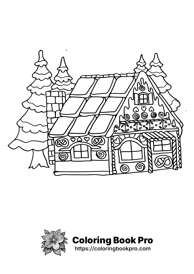 A black and white drawing of a gingerbread house. icon