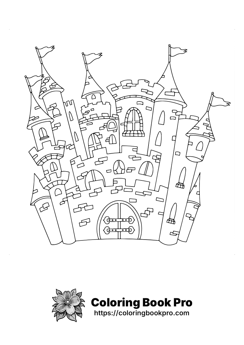A black and white drawing of a castle. icon