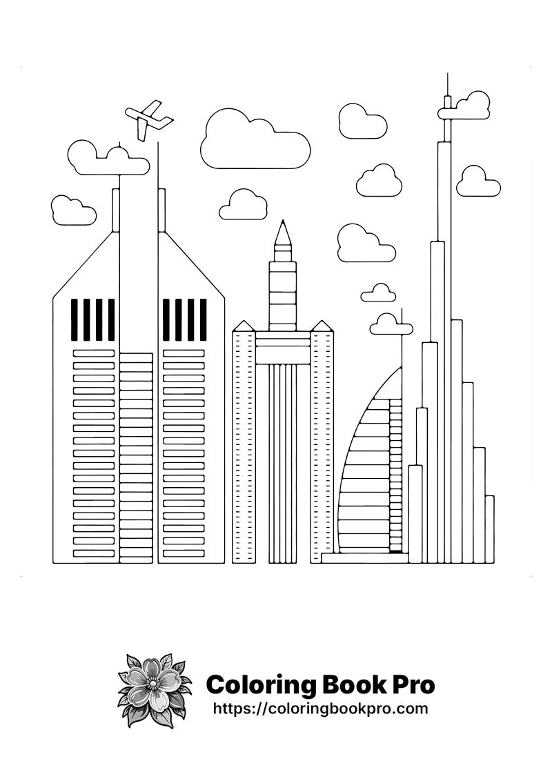 A black and white drawing of a city icon