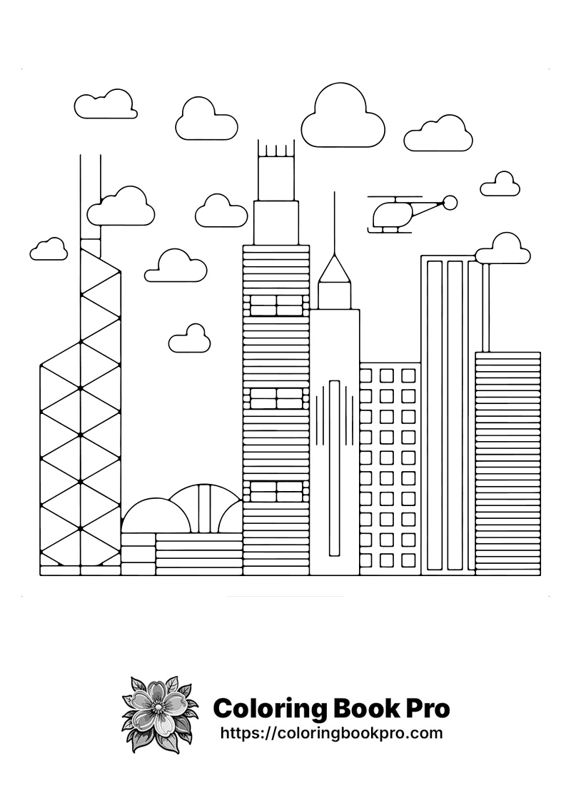 A black and white cityscape with a helicopter flying over it. icon