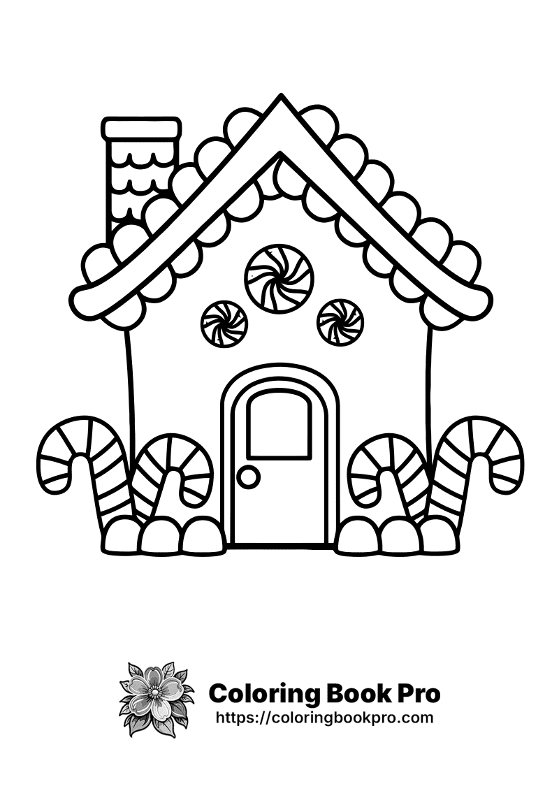 A black and white gingerbread house with candy canes. icon