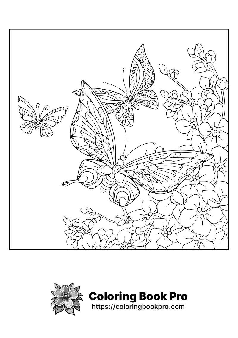 A black and white picture of three butterflies and flowers. icon