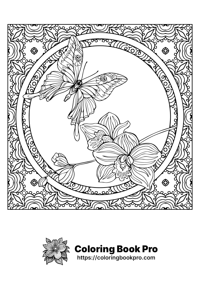 A coloring page of a butterfly and flowers. icon