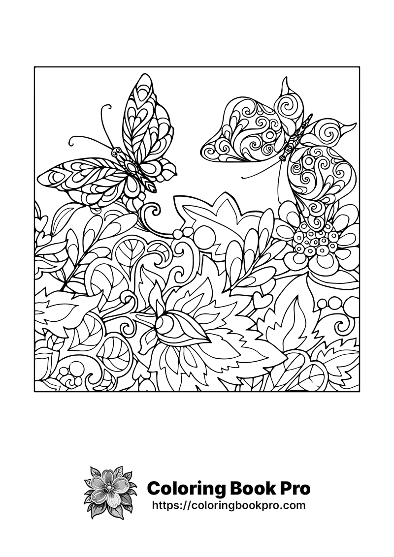 A coloring page with two butterflies and flowers. icon