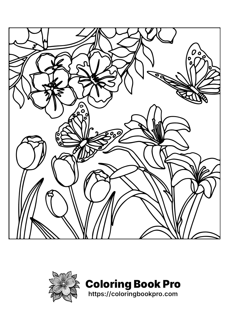 A black and white drawing of flowers and butterflies. icon