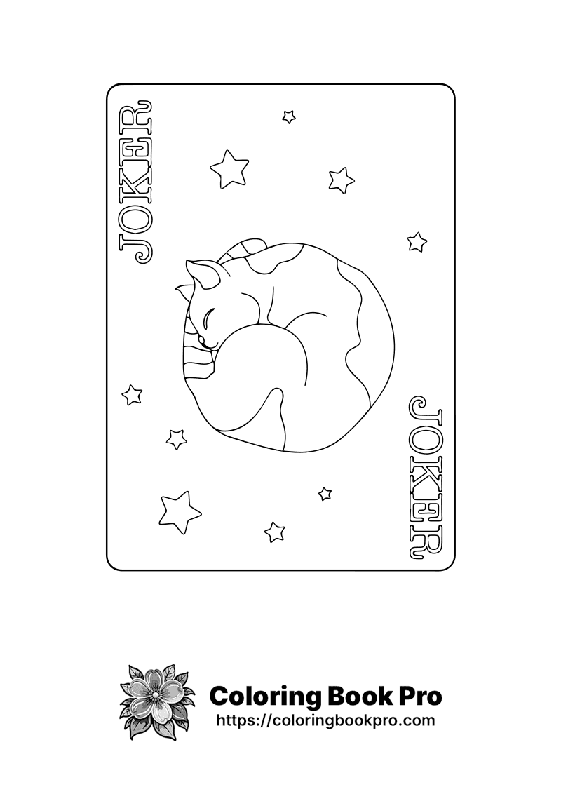 A joker playing card with a cat sleeping on top of the moon. icon