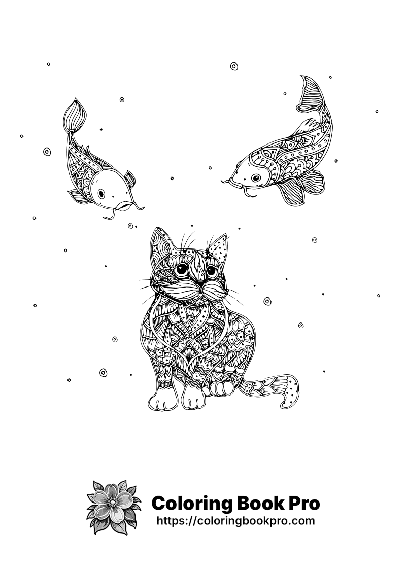 A black and white drawing of a cat and two fish. icon