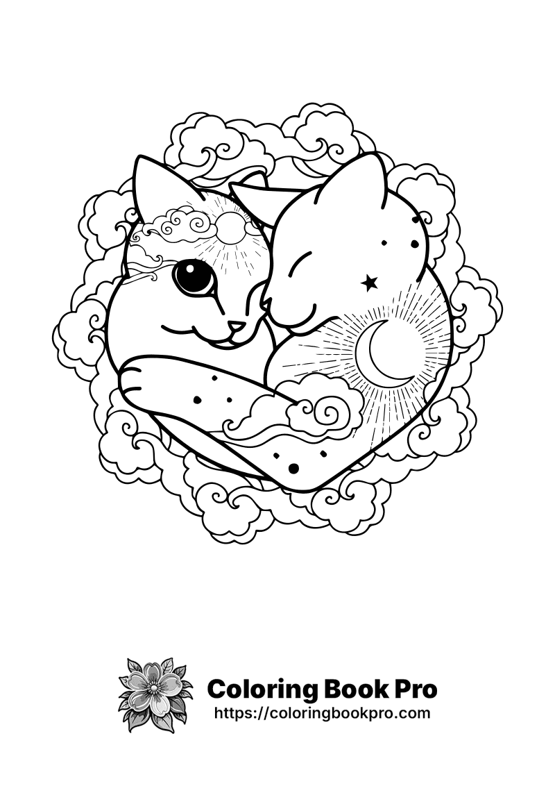 A drawing of two cats sleeping in a heart. icon
