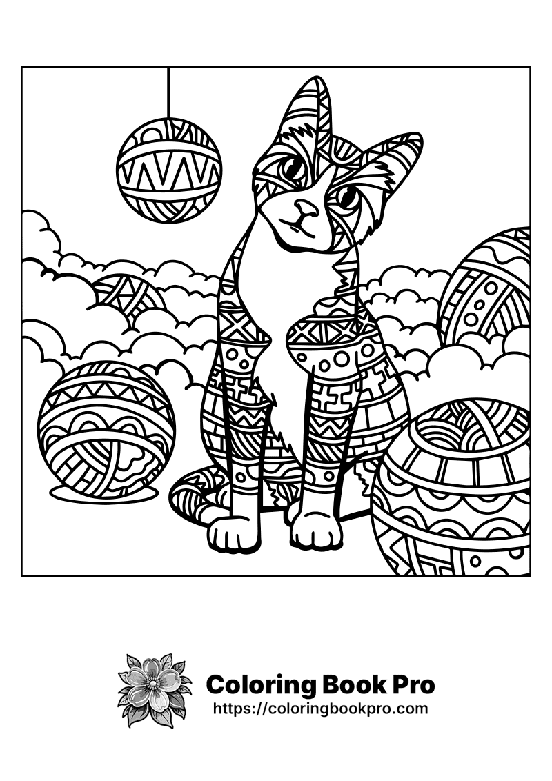 A black and white drawing of a cat and some balls. icon