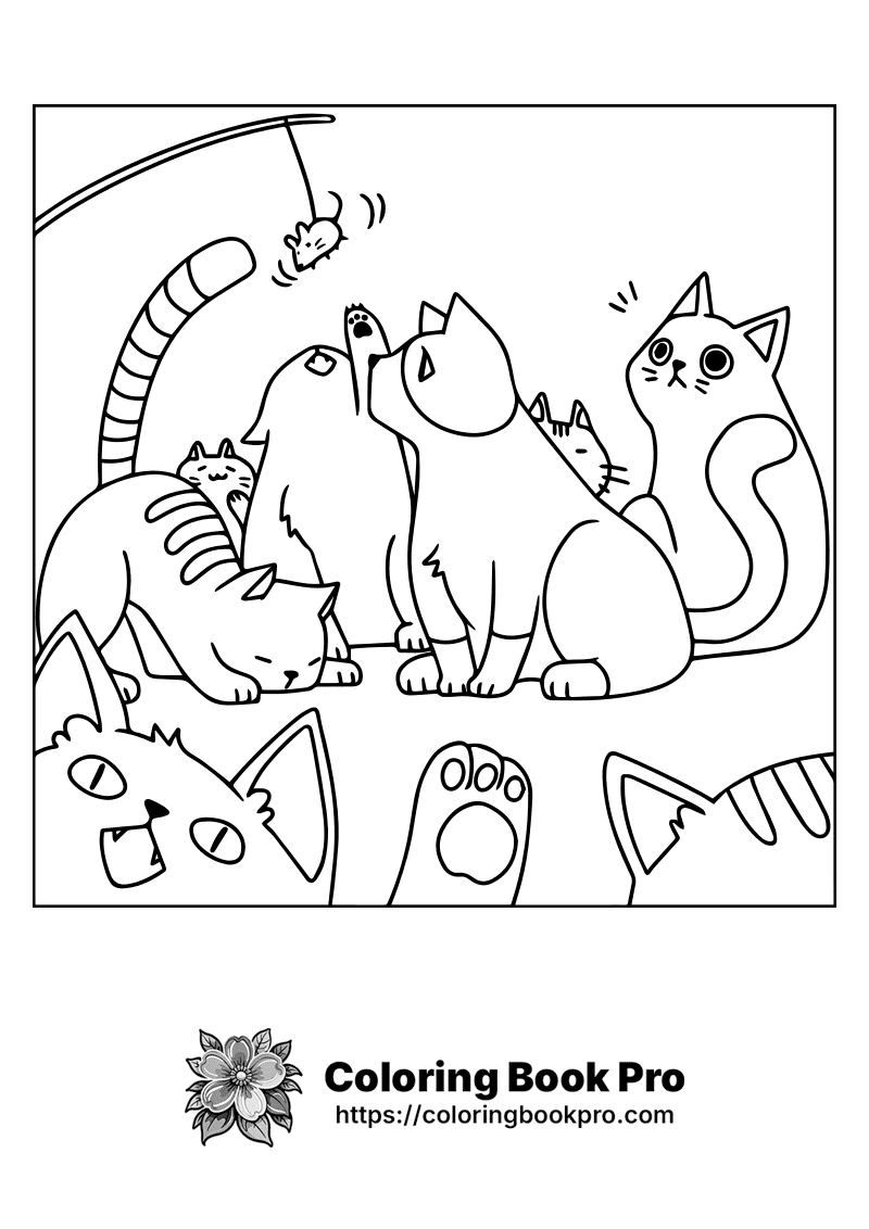 A black and white drawing of a group of cats. icon