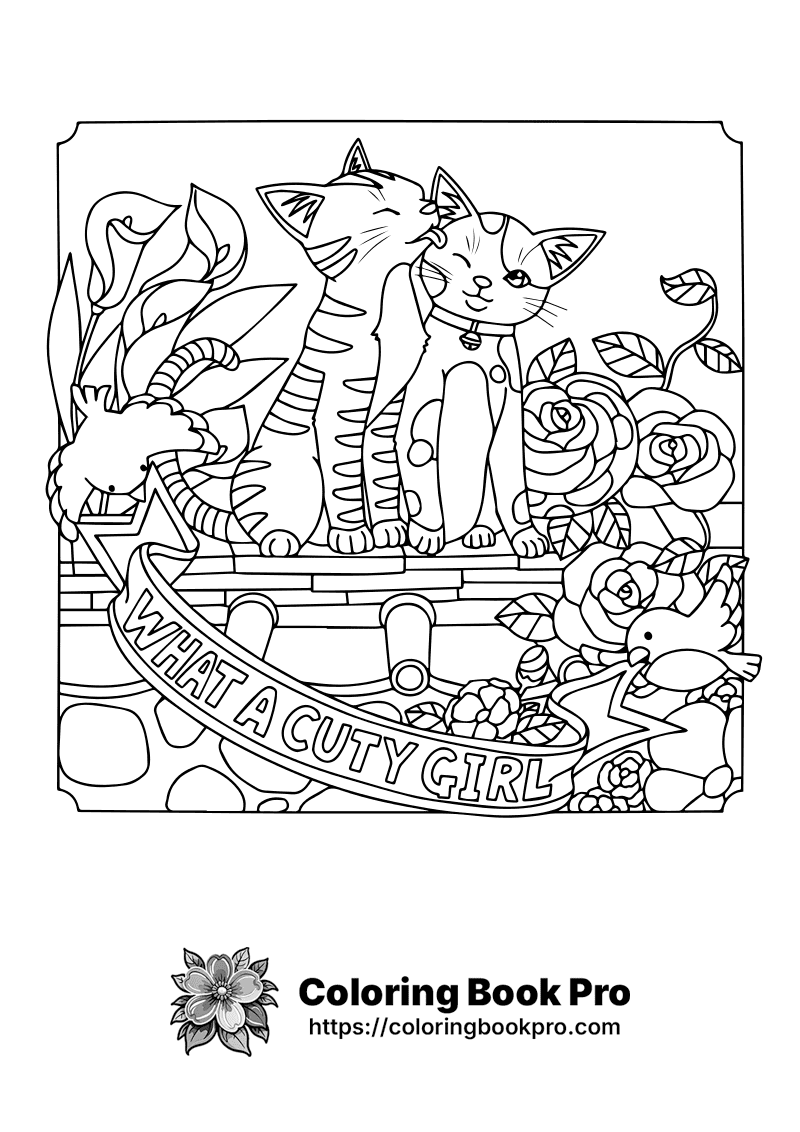 A black and white drawing of two cats on top of a sign that says What a Cuty Girl. icon
