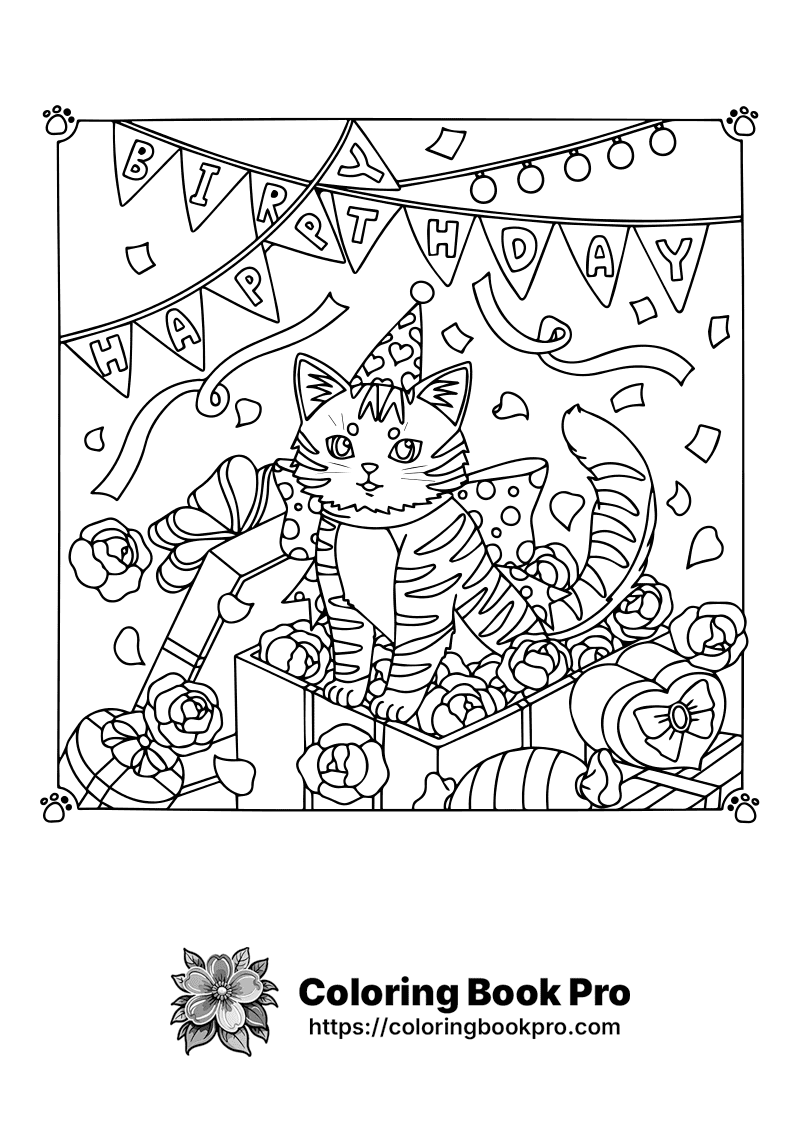 A black and white picture of a cat wearing a birthday hat. icon