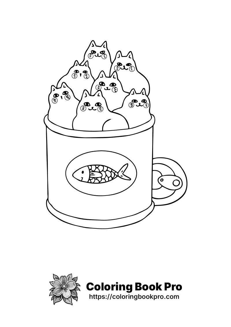 A group of cats sitting in a can with a fish inside. icon
