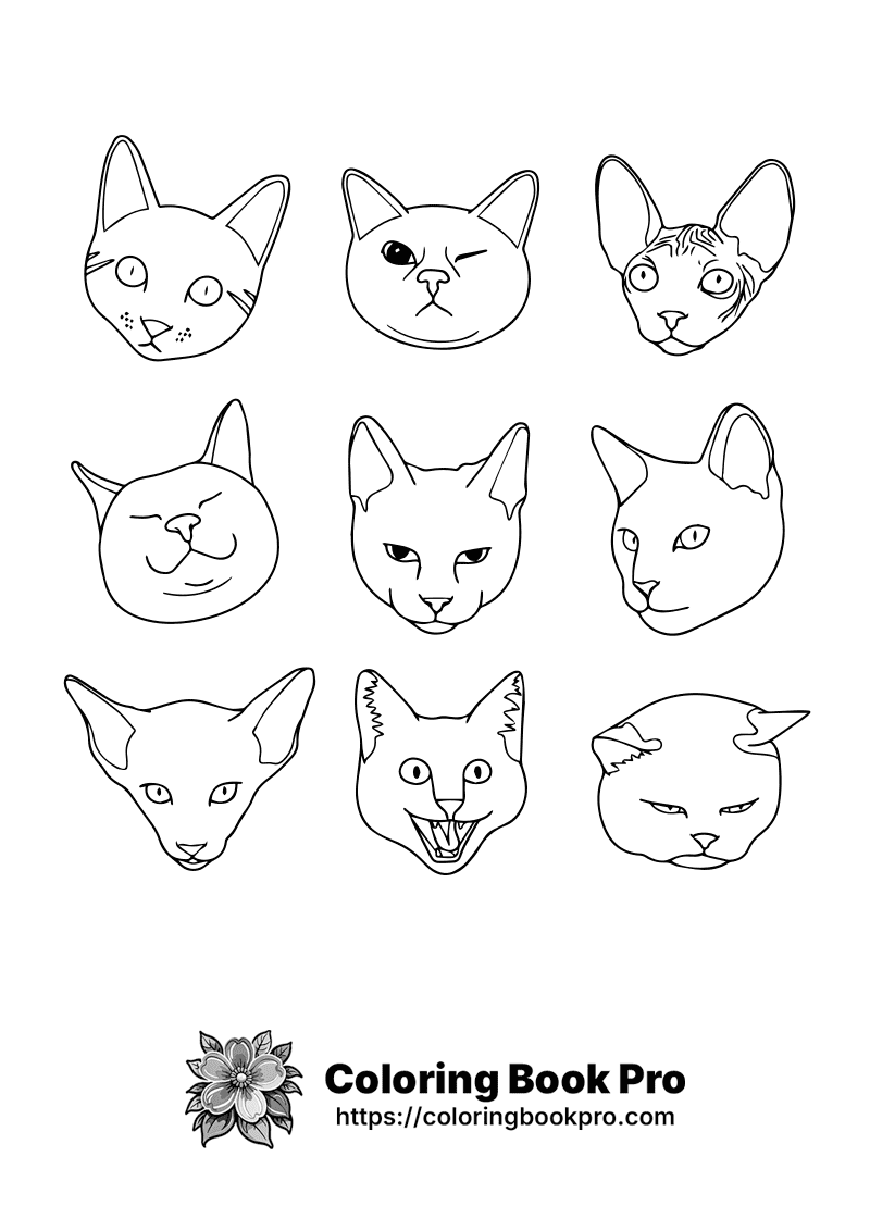 A set of nine cats with different facial expressions. icon