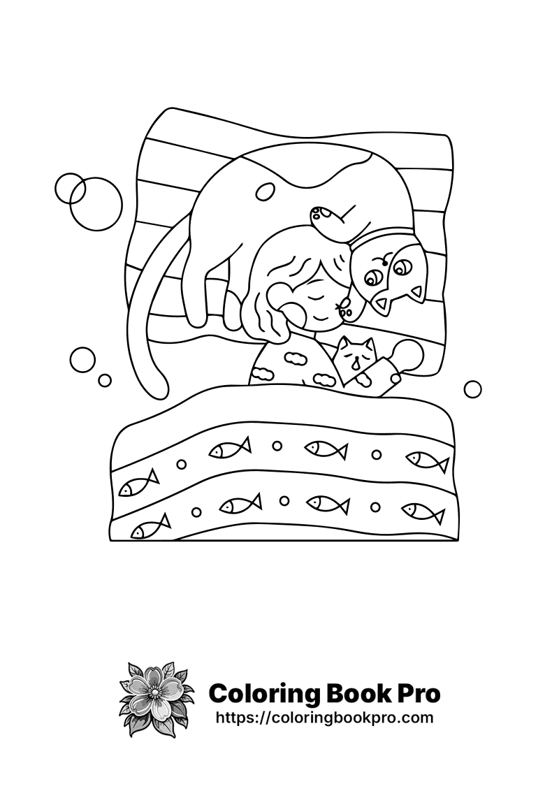 A black and white drawing of a cat and a girl. icon