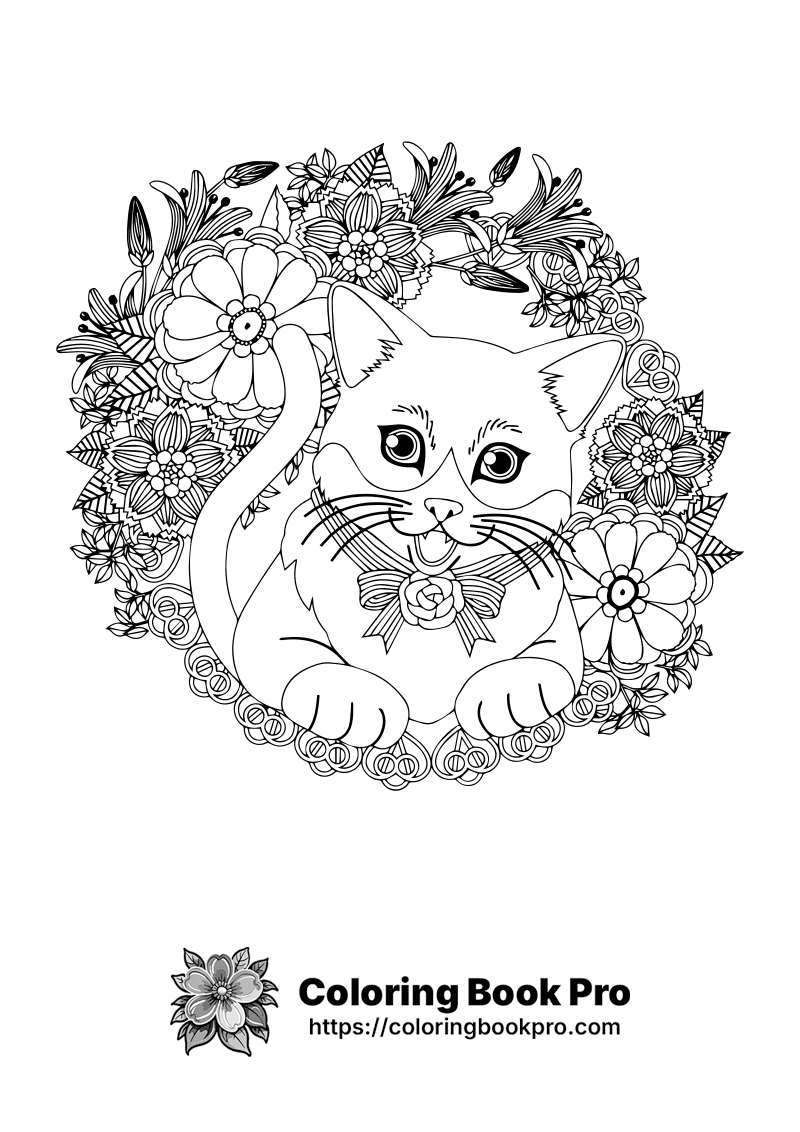 A black and white image of a cat surrounded by flowers. icon