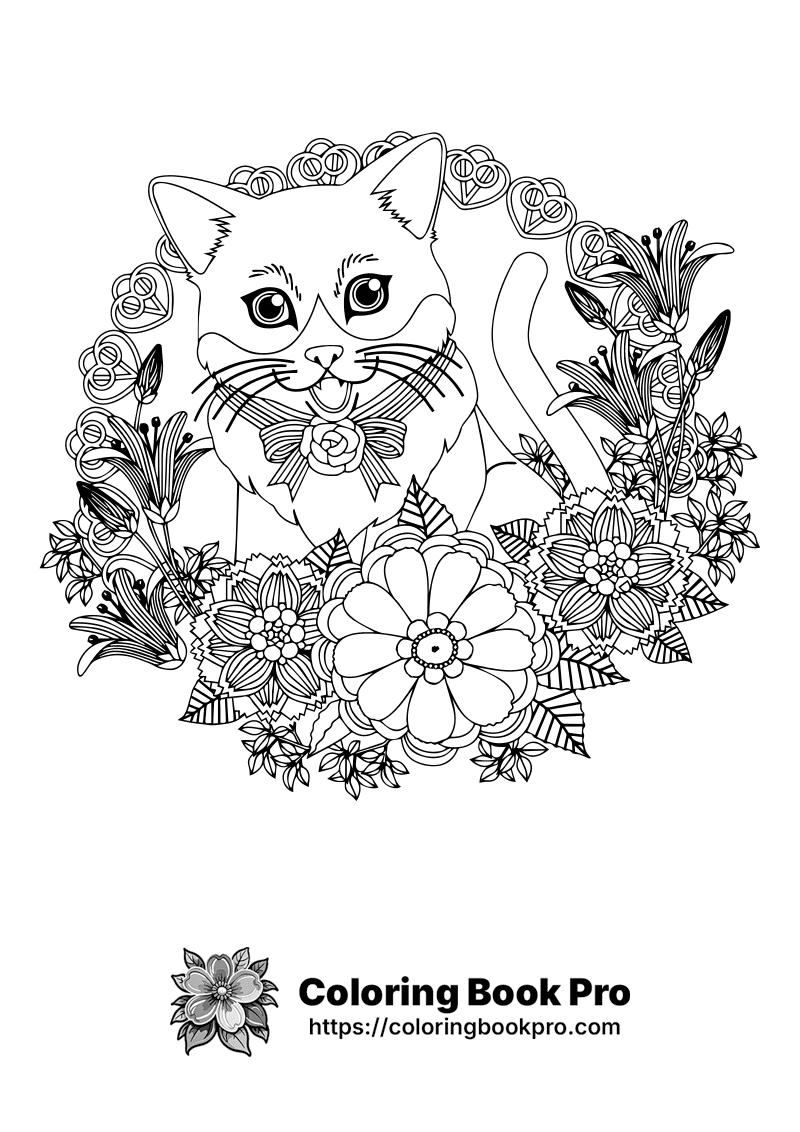 A black and white image of a cat surrounded by flowers. icon