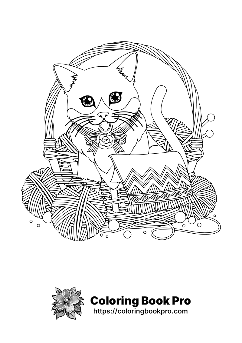 A black and white drawing of a cat in a basket. icon