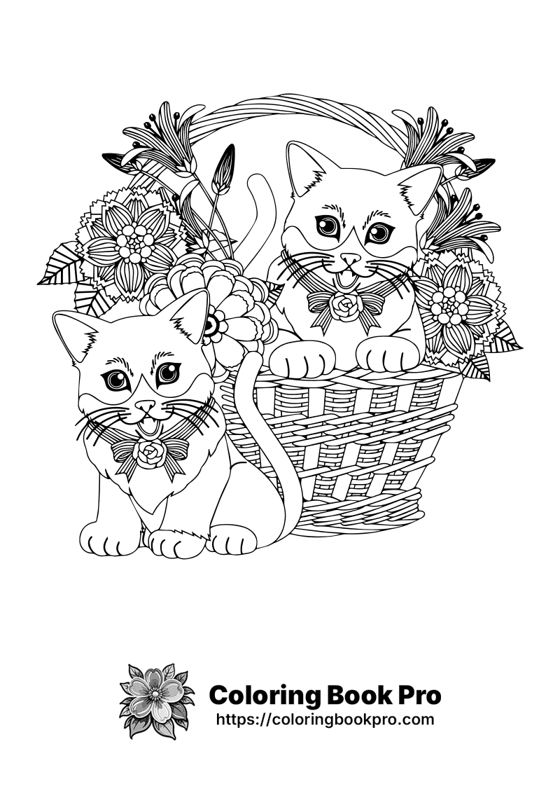 A black and white drawing of two cats in a basket. icon