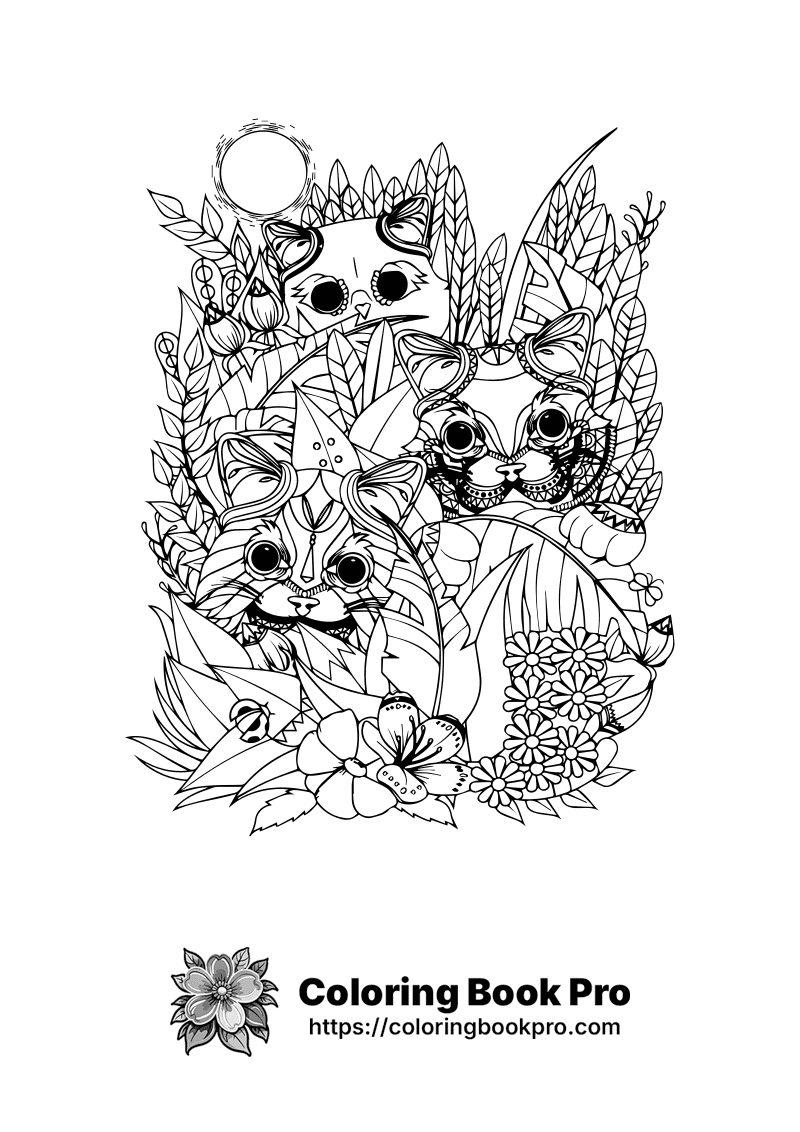 A black and white drawing of cats surrounded by leaves. icon