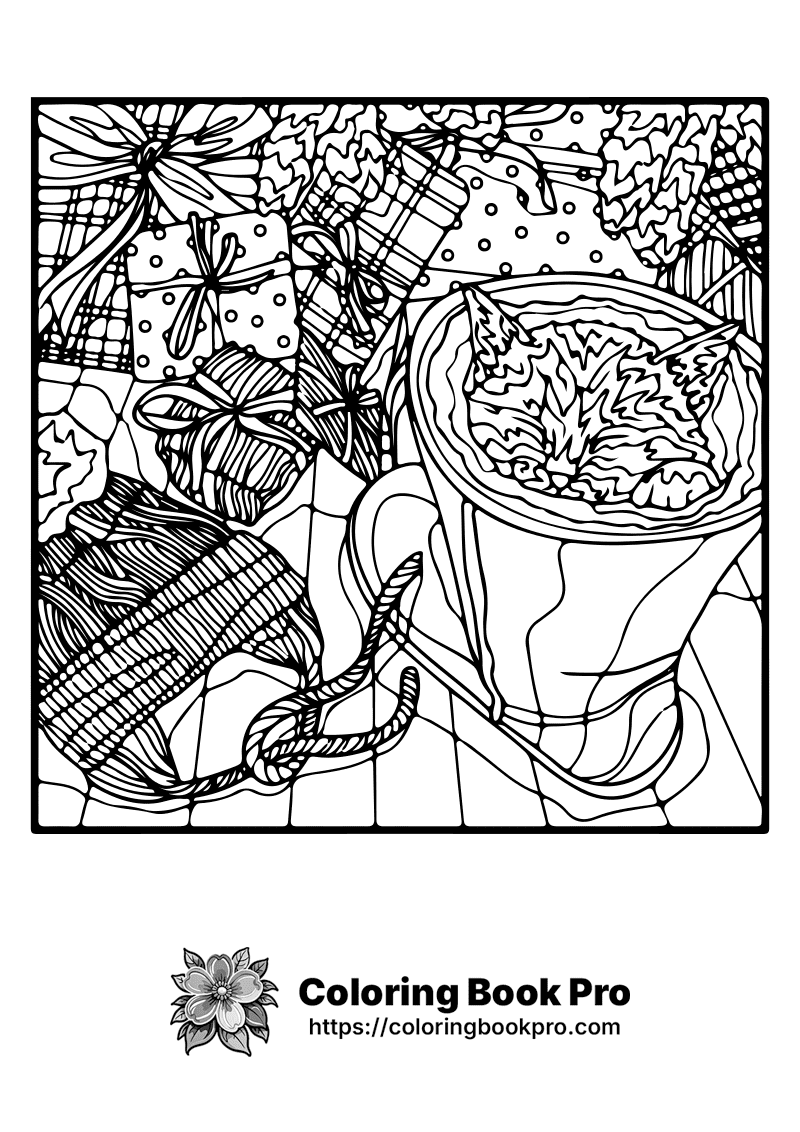 A black and white drawing of presents and a cat. icon