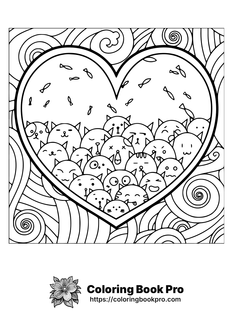 A heart filled with cats surrounded by swirls. icon