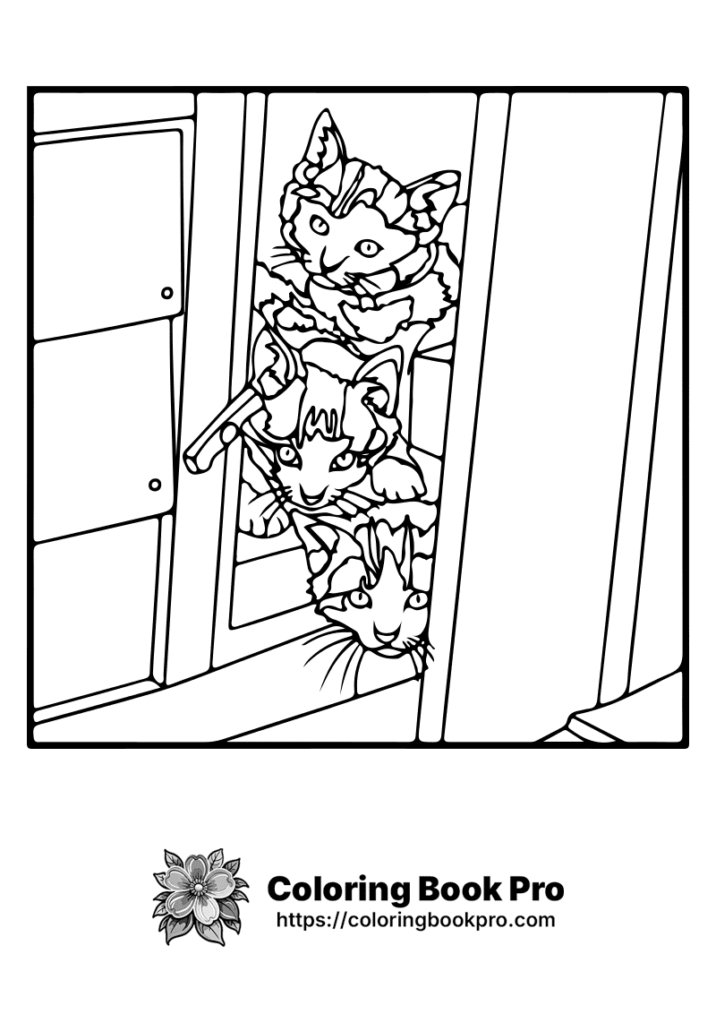 A black and white picture of three cats climbing a ladder. icon