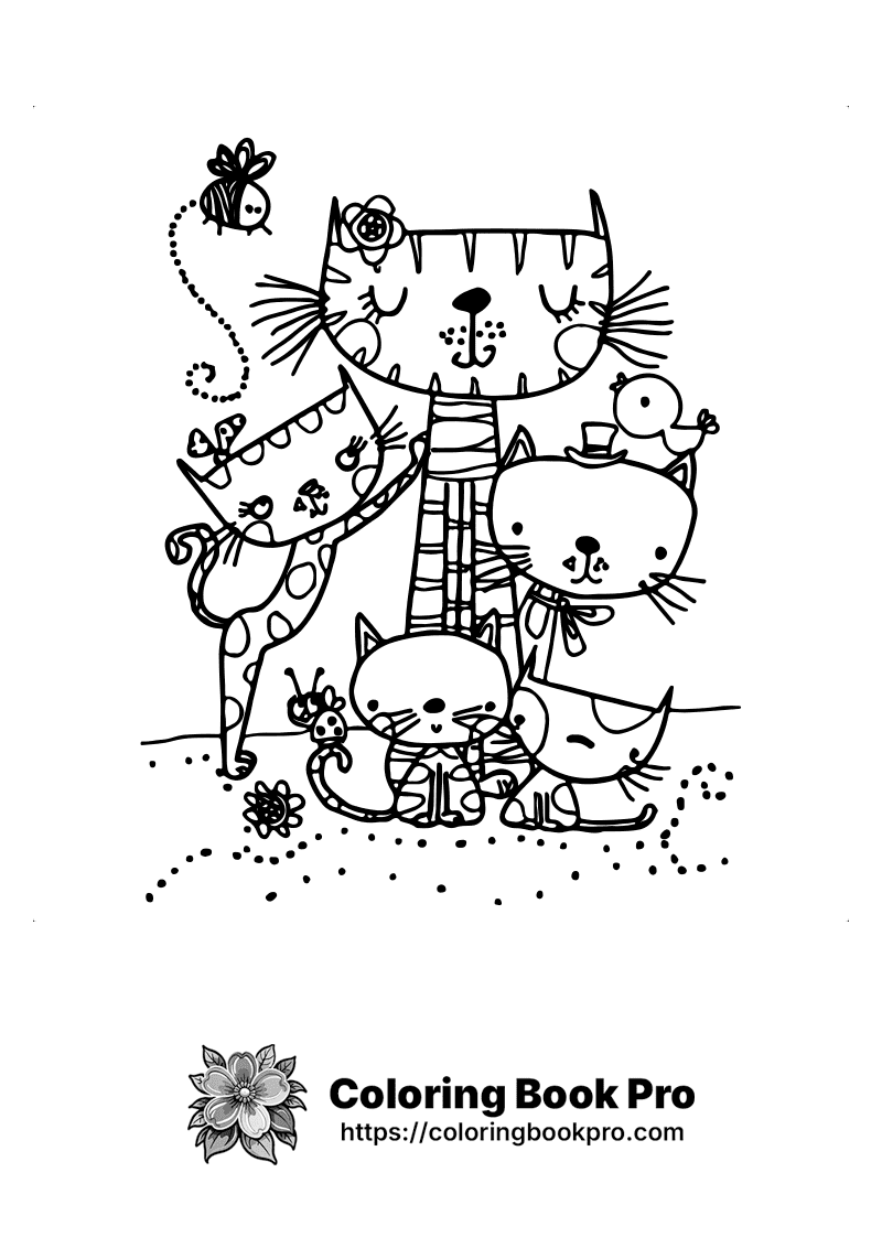 A black and white drawing of a group of cats. icon