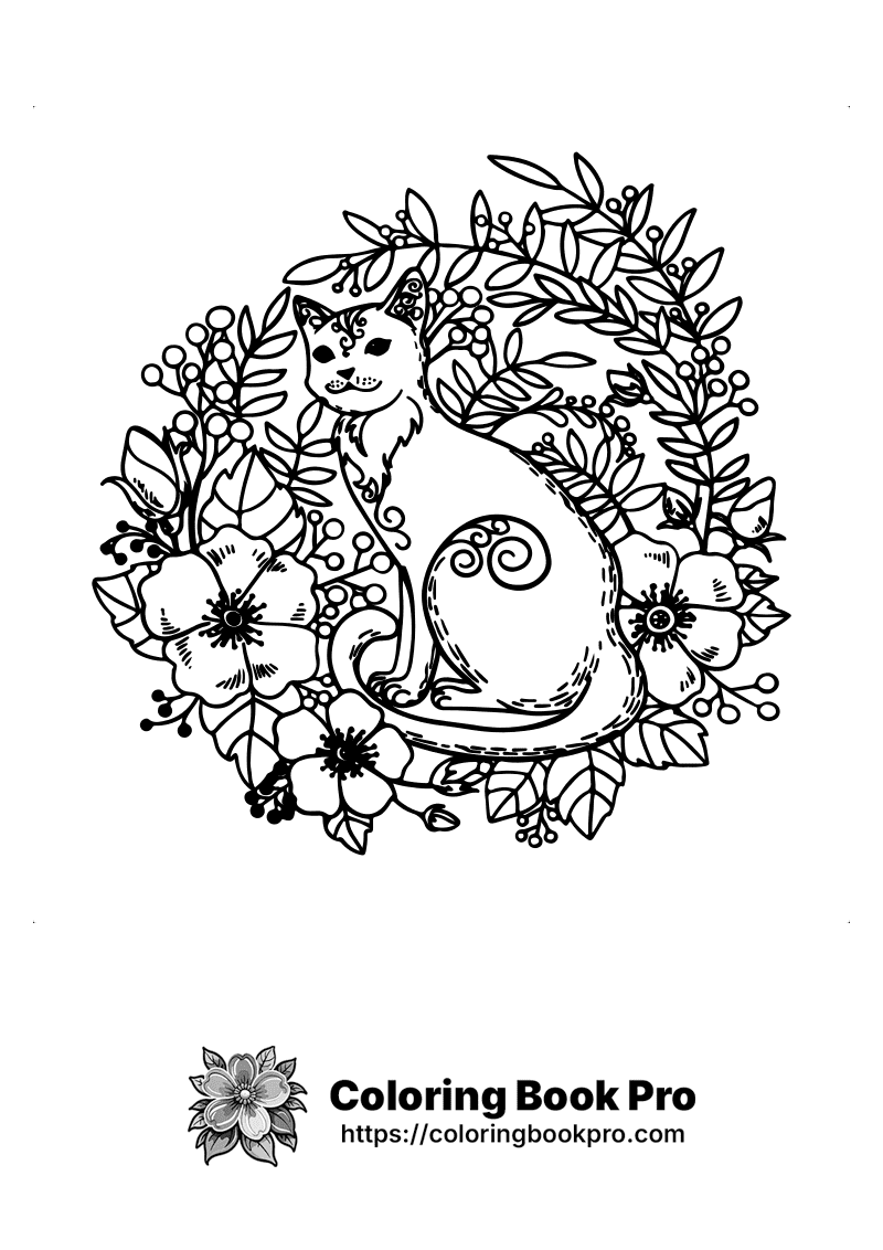 A black and white picture of a cat surrounded by flowers. icon