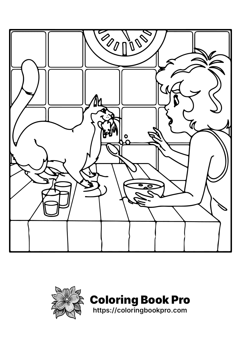A woman feeding a cat at a table. icon