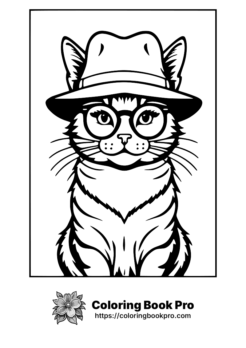 A black and white picture of a cat wearing a hat and glasses. icon