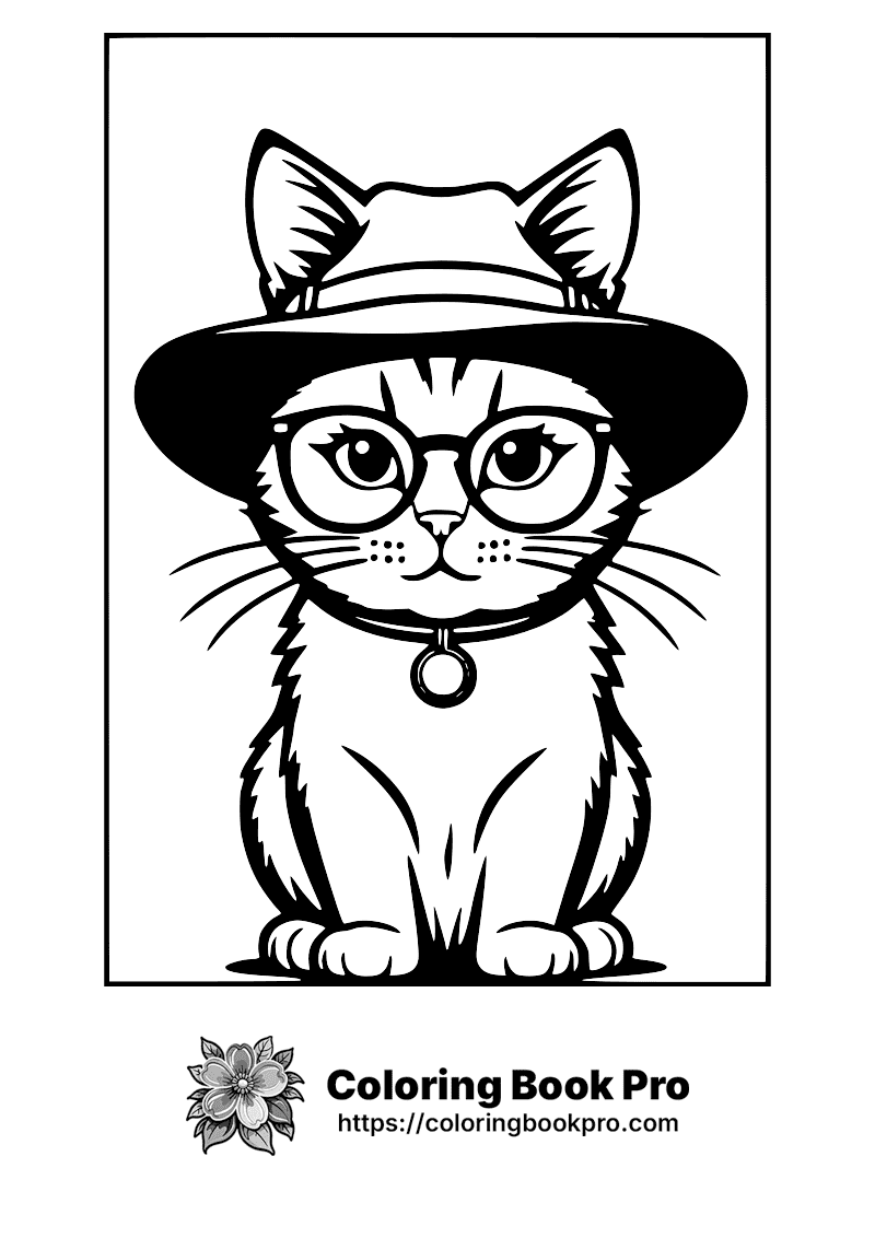 A black and white image of a cat wearing a hat and glasses. icon