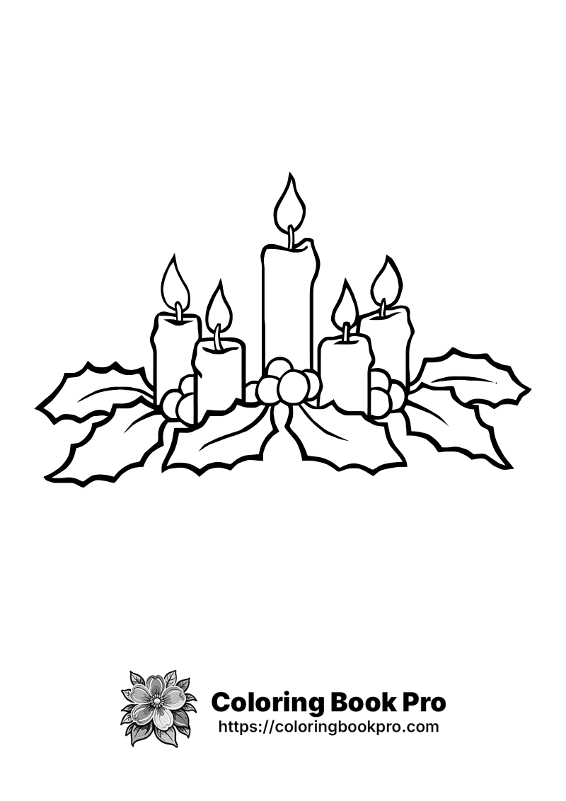 A line drawing of five candles on a holly branch. icon