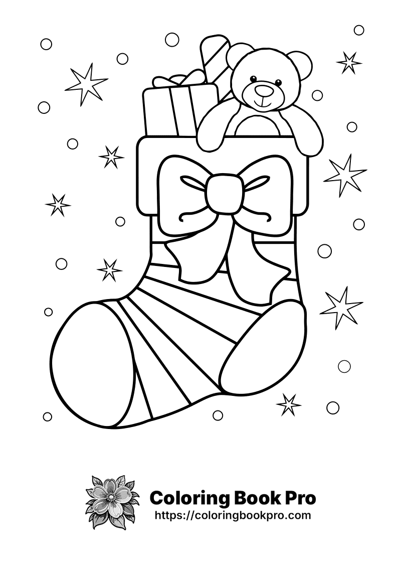 A stocking filled with presents and a teddy bear. icon