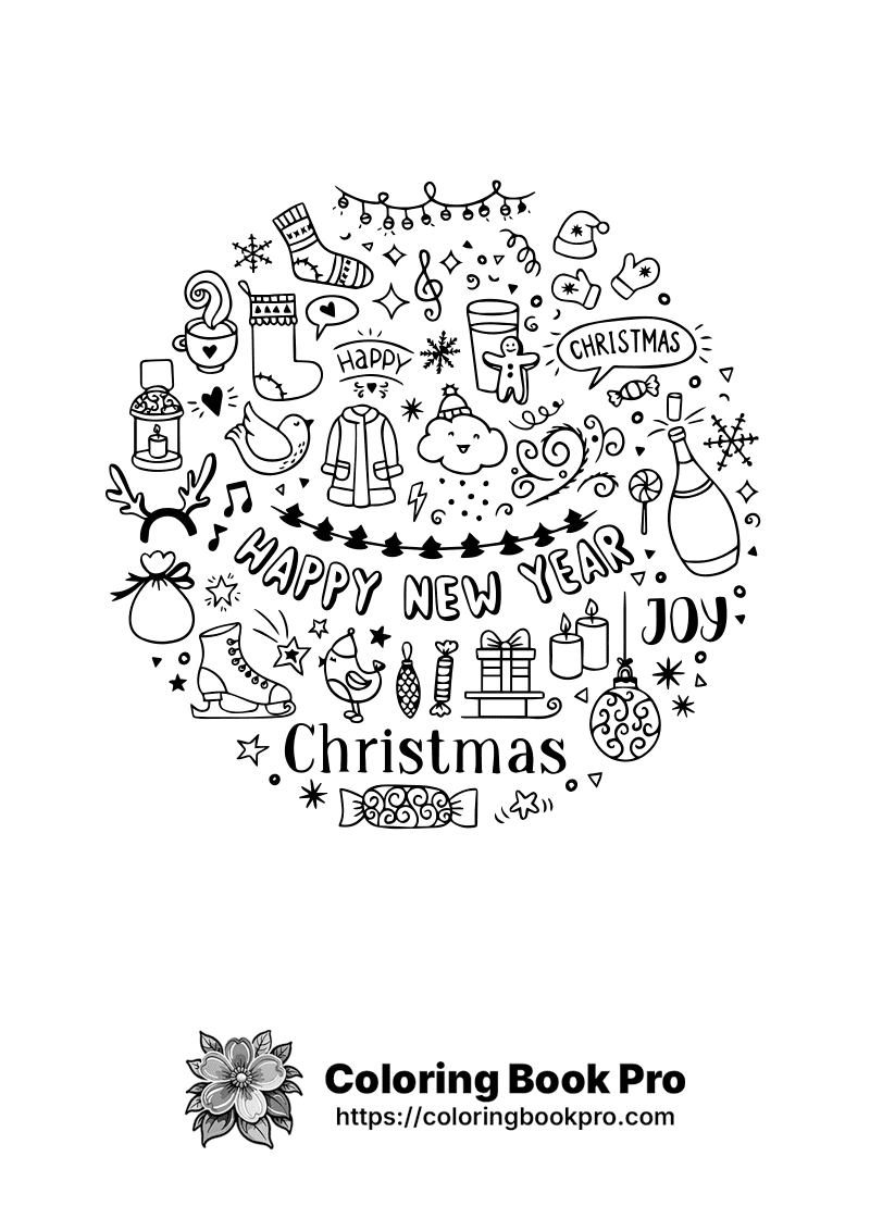 A circle with happy new year and christmas related items. icon