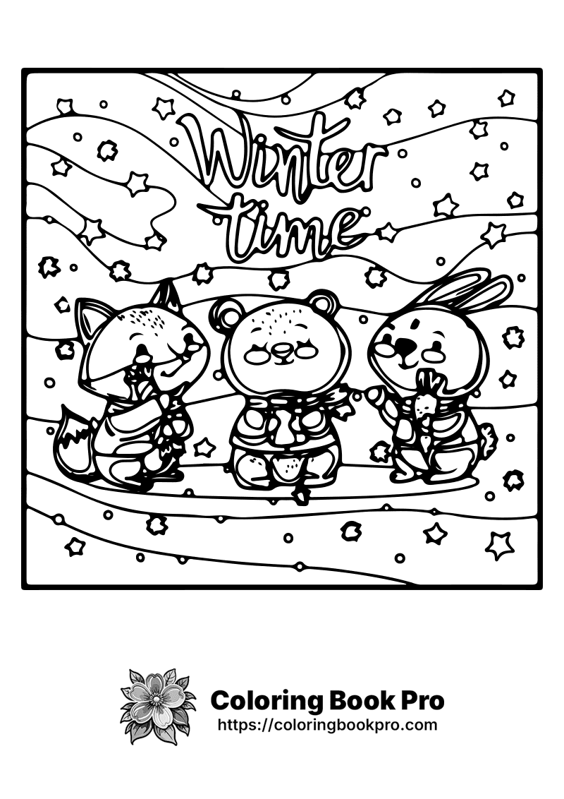 A winter time coloring page with three animals icon