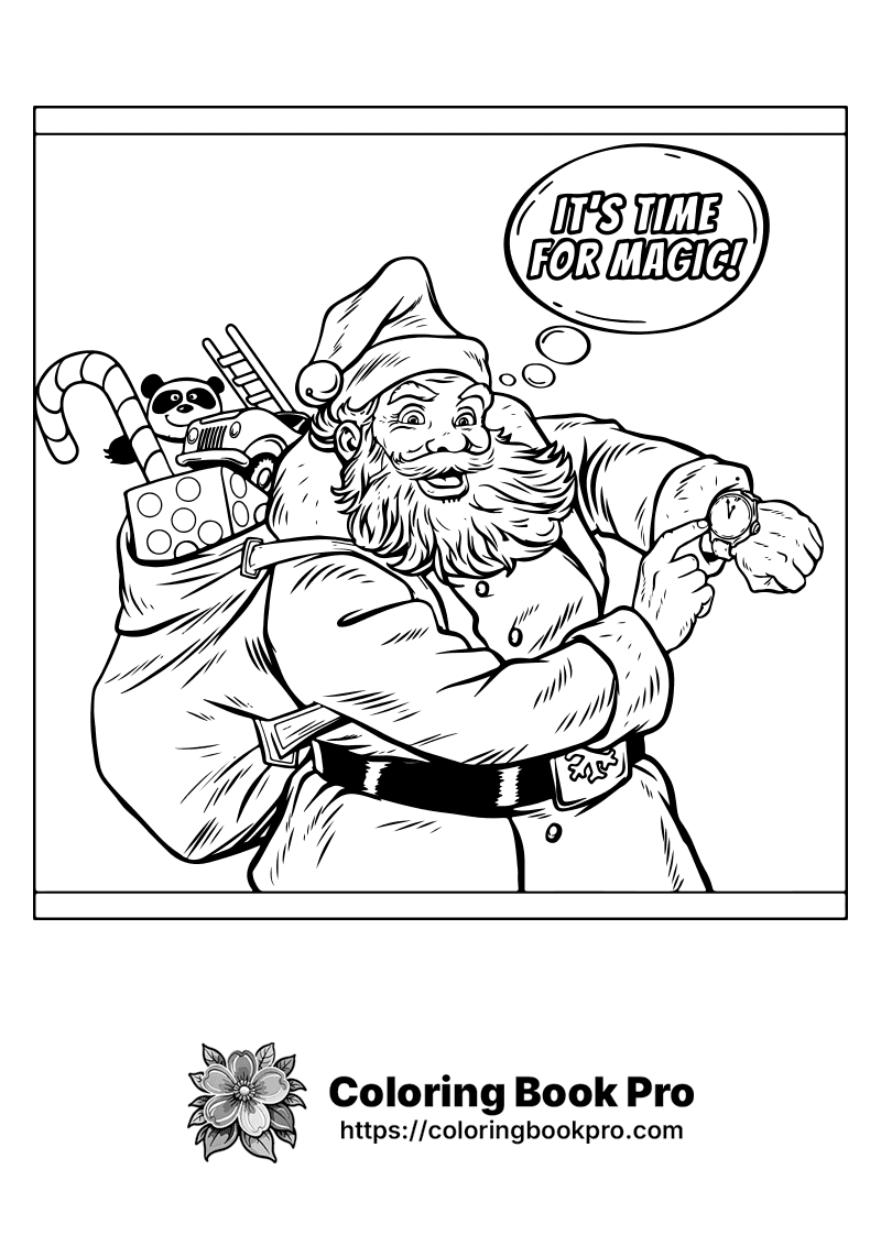 A black and white drawing of a santa claus with a bag of gifts. icon