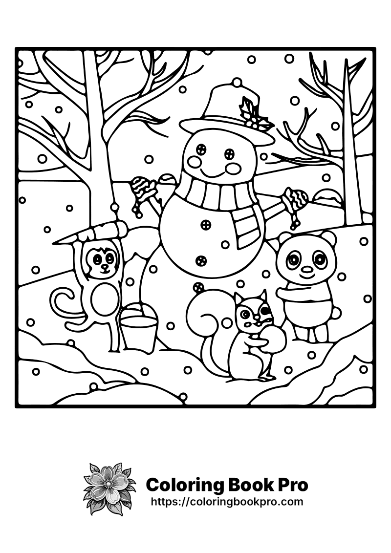 A black and white picture of a snowman and animals. icon