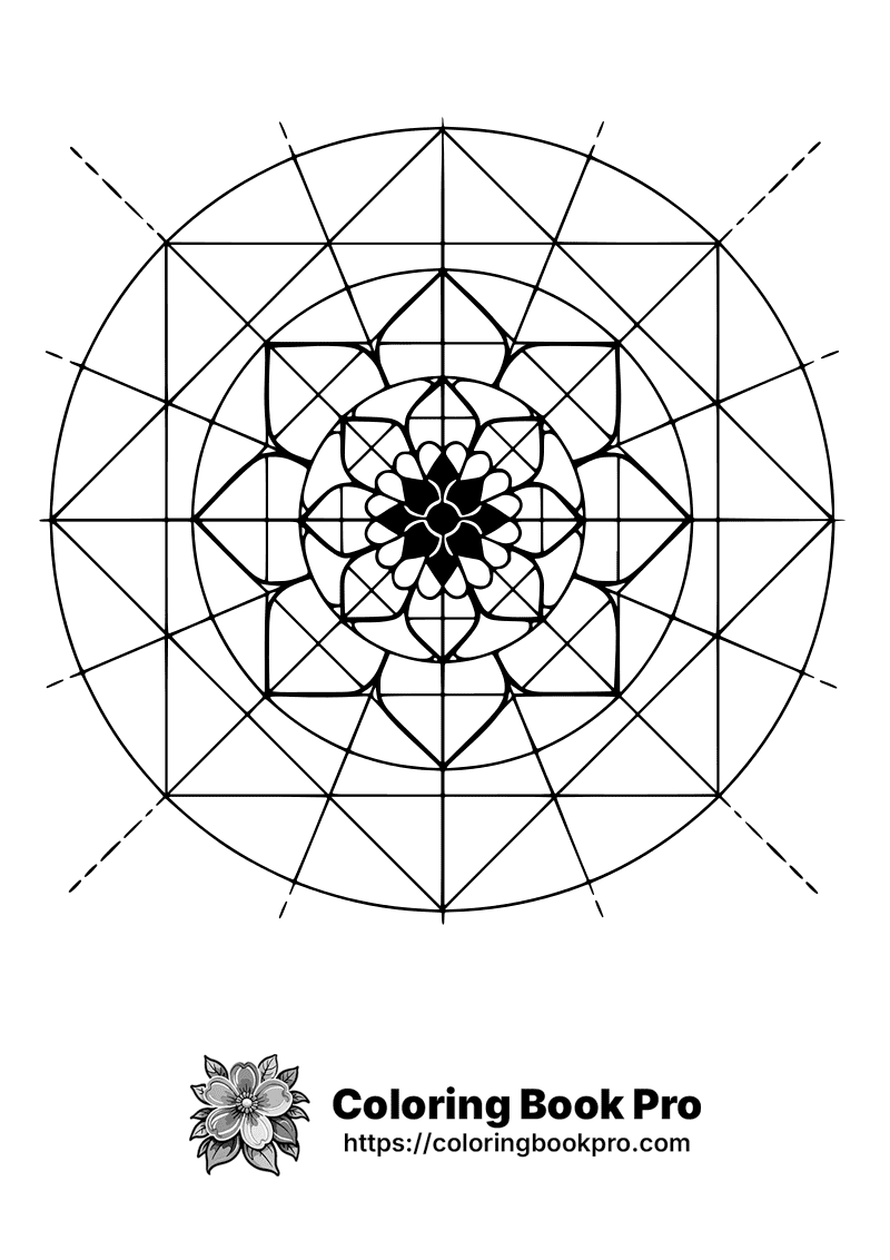 Geometric mandala with floral center coloring page