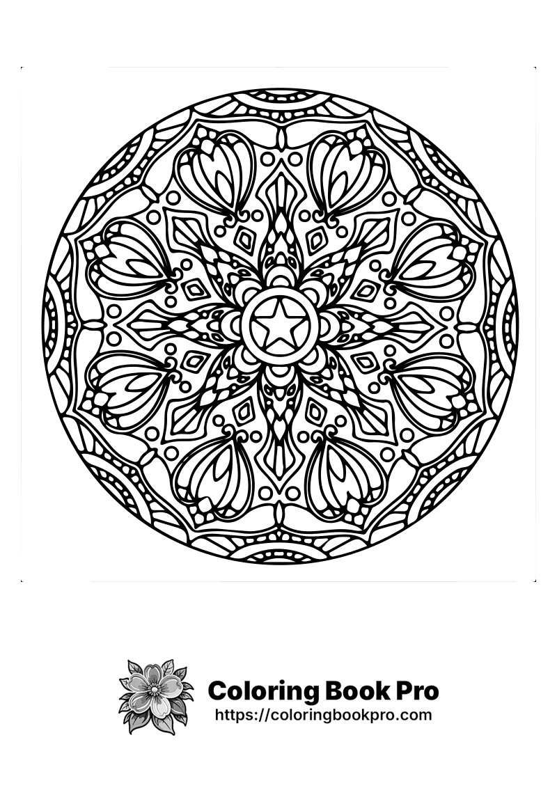 Mandala with intricate floral and geometric patterns coloring page