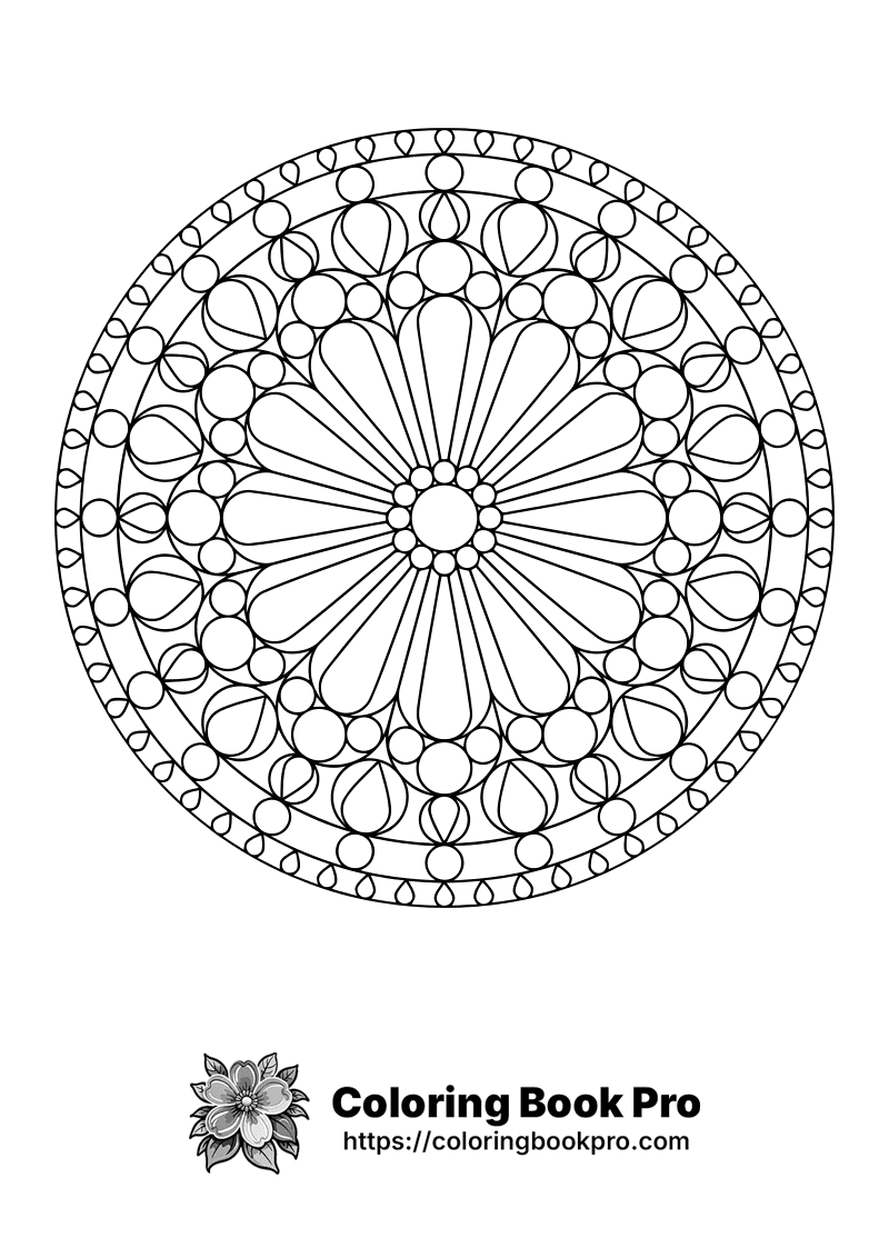 Circular floral mandala with concentric rings of petals and circles coloring page