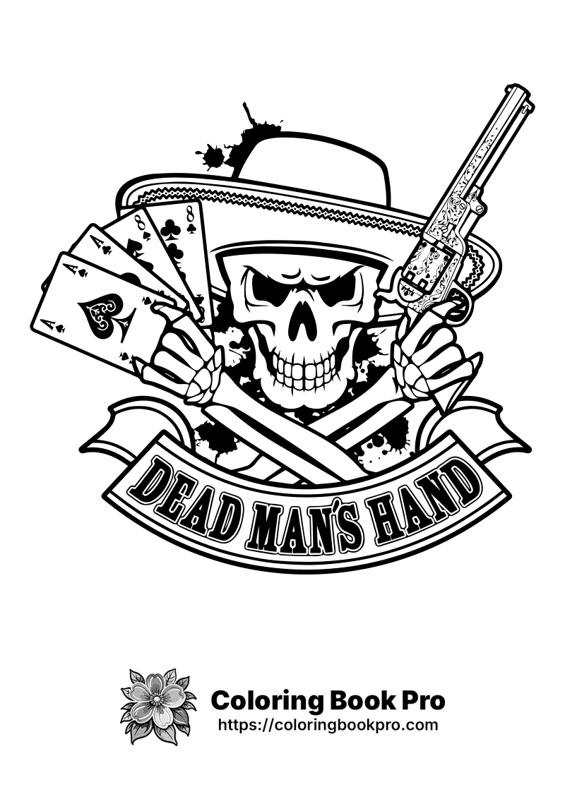 A skull wearing a cowboy hat holding a gun and playing cards. icon