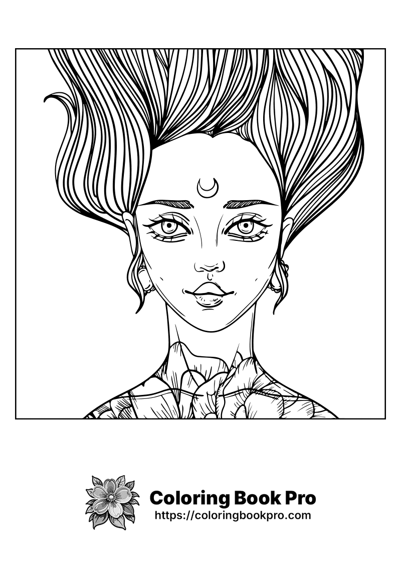 A black and white drawing of a woman with a crescent on her forehead. icon