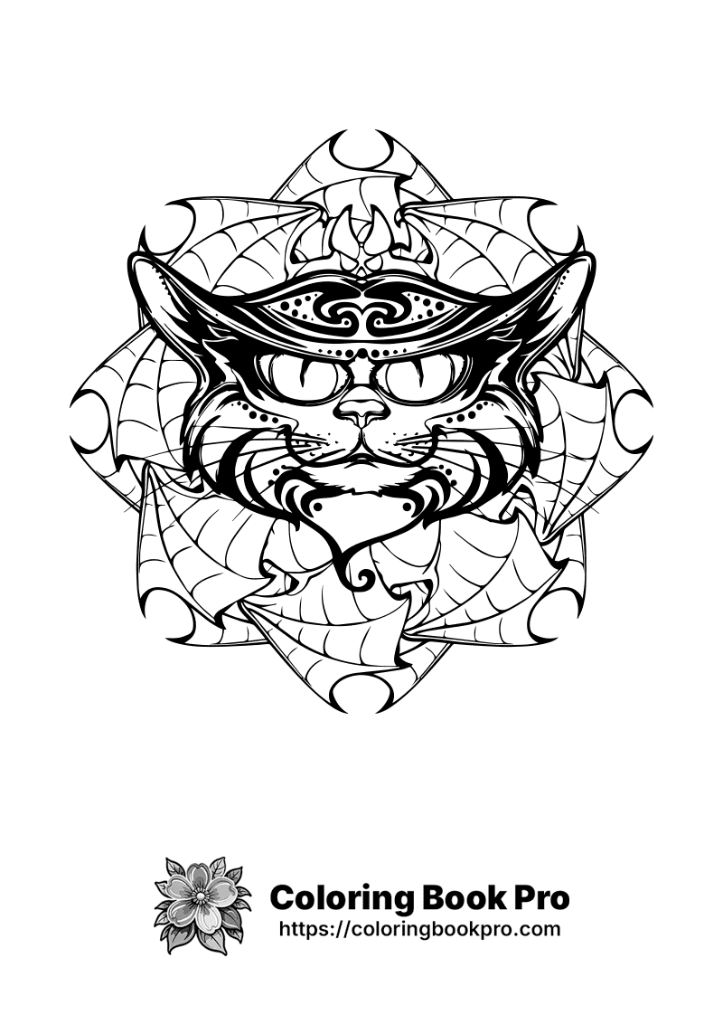 A black and white drawing of a cat with a spider web around it. icon
