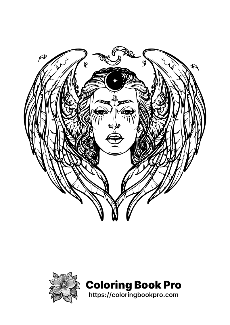 A drawing of a woman with angel wings and a crescent moon. icon