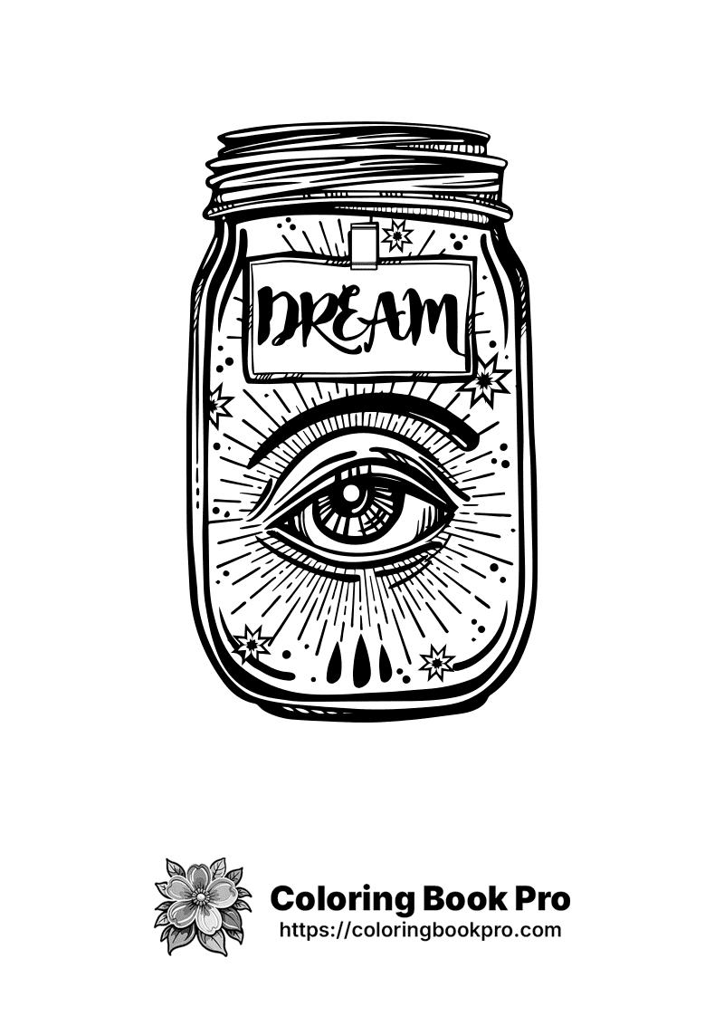 A drawing of a jar with an eye and the word "dream" on it. icon