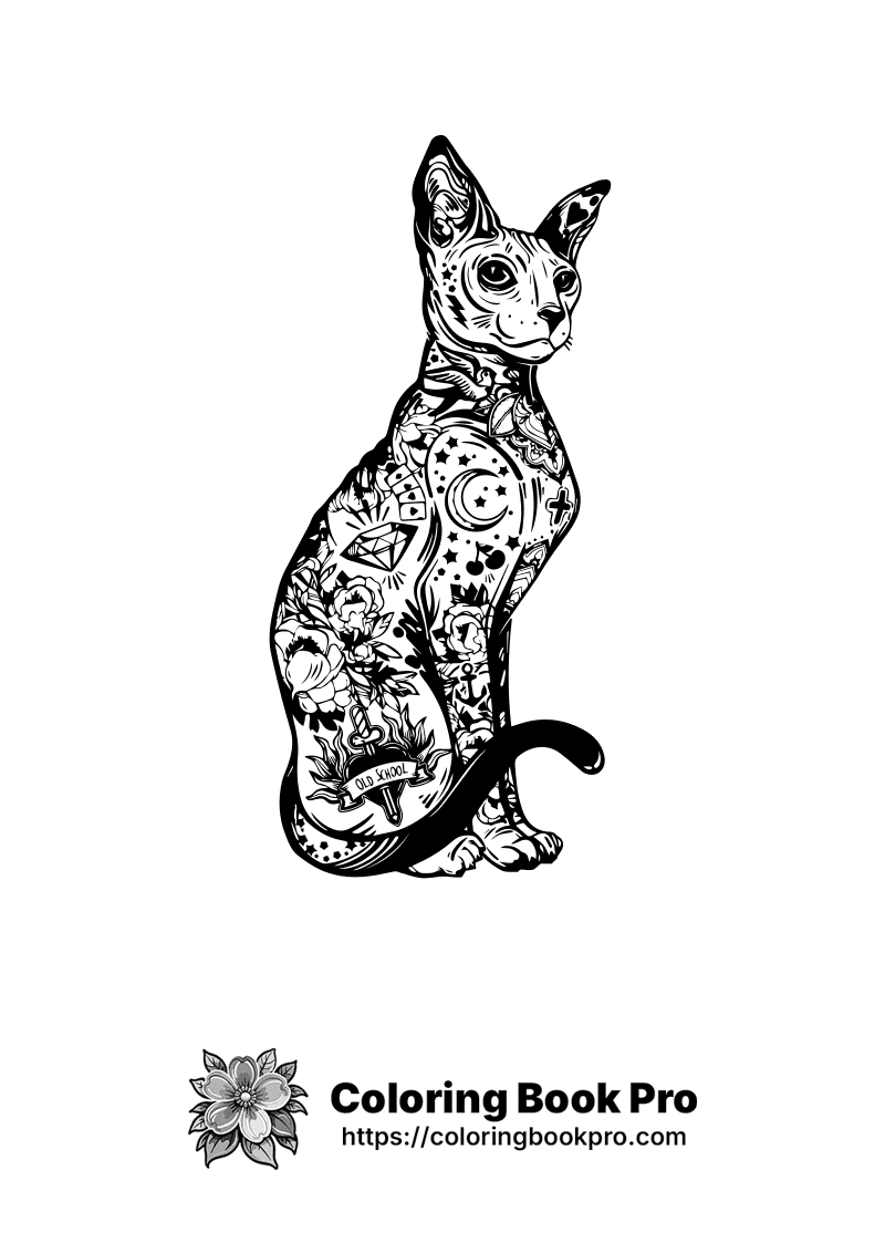 A black and white drawing of a cat with flowers on it. icon