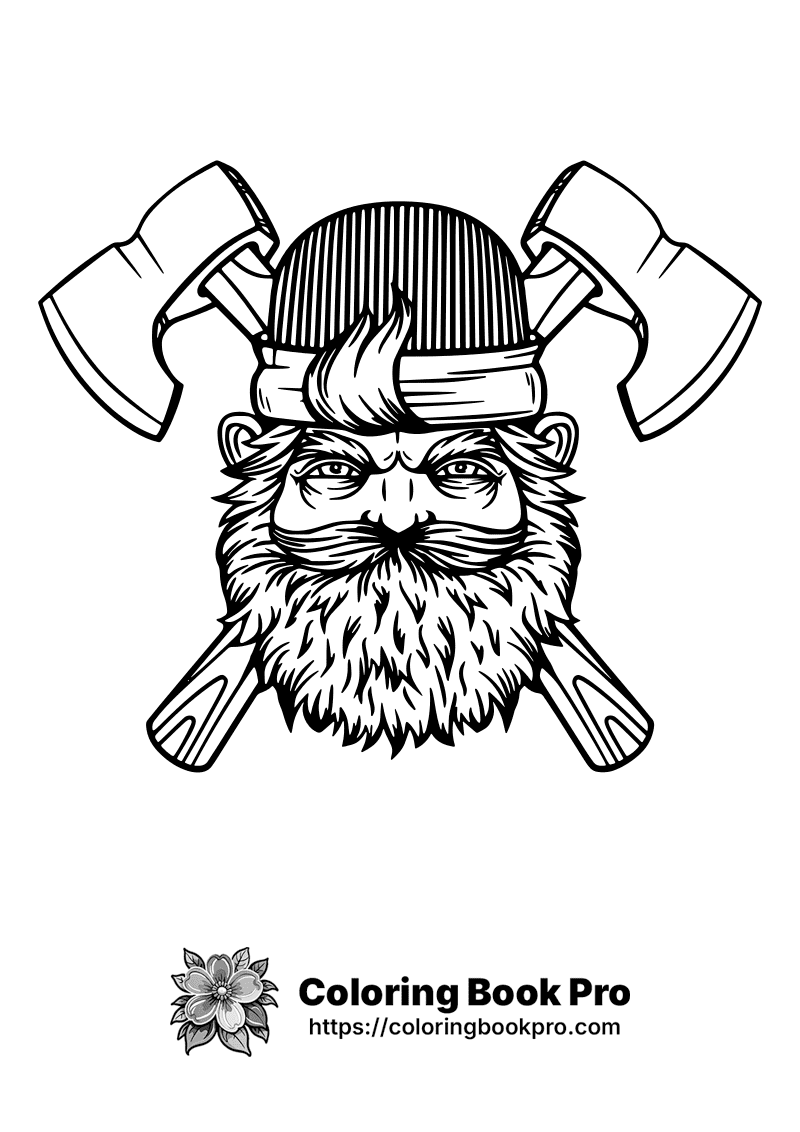 A black and white drawing of a viking with two crossed axes. icon