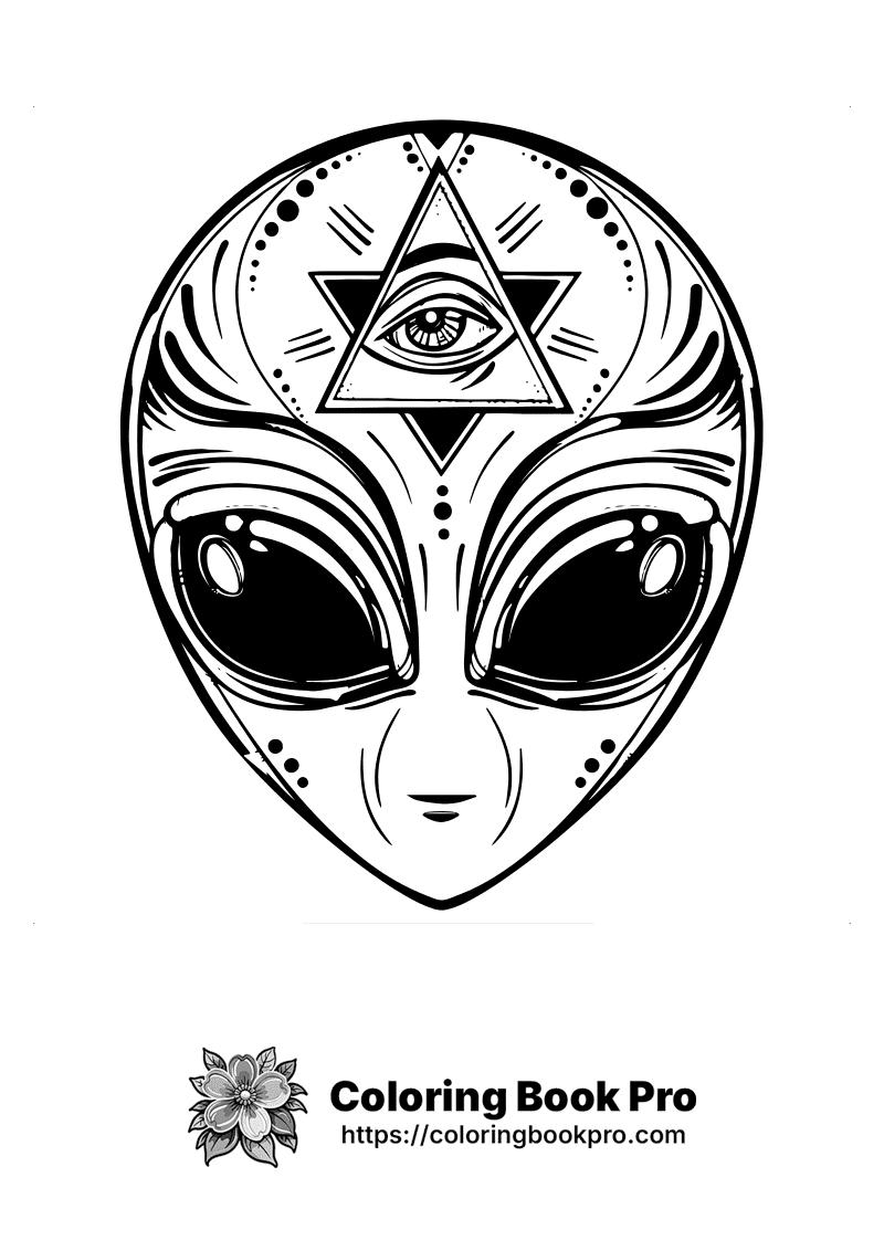 A black and white drawing of an alien face with an eye. icon